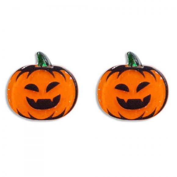 Glittered Resin Jack-o-Lantern Stud Earrings - Picture 1 of 1